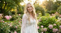 Happy blonde woman in white lace dress standing among blooming pink roses in garden during golden hour sunset light for wedding or romantic lifestyle content.