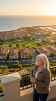 Mature woman with gray hair and light skin tone, wearing a brown jacket, standing on a coastal overlook at sunset gazing at suburban neighborhood and ocean view below.