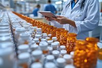 Medical professional in white coat using tablet while inspecting rows of amber prescription bottles on automated pharmaceutical production line in modern manufacturing facility.