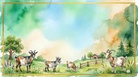 Watercolor illustration of goats grazing in pastoral countryside landscape with wooden fence, mountains, and trees. Suitable for farm, agriculture, and rural design projects.