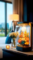 Illuminated glass jar with preserved orange roses and dried flowers on modern side table, warm ambient lighting creates cozy atmosphere near window view.