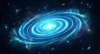 Spiral galaxy with bright blue luminous arms swirling around central core against starry cosmic background for astronomy and space science projects.