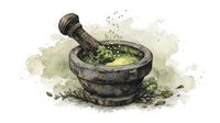 Rustic stone mortar and pestle with fresh herbs and watercolor splashes on textured background, artistic culinary illustration in natural earthy tones.