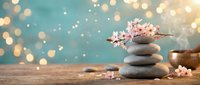 Zen spa stones with cherry blossom branch on wooden surface against bokeh lights background for meditation and wellness concepts.