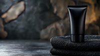 Black cosmetic tube on dark towels against moody background with copy space, mockup for skincare and beauty products on textured stone surface.