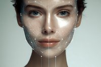 Young woman face with digital mesh overlay for facial recognition technology and biometric identification systems in modern security applications.