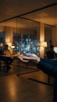 Hand holding glowing digital network hologram in modern office, showcasing futuristic technology, connectivity, and data management concepts.