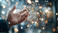 Hand releasing golden glitter and confetti against blurred bokeh lights background, creating magical festive atmosphere with sparkling particles in motion.