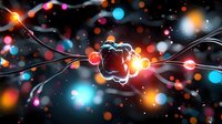 Colorful abstract quantum physics visualization with glowing particles and atomic structure in dark space, energy waves and light effects in motion.
