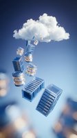 Cloud computing concept with floating servers and databases ascending toward a white cloud on a blue background for technology projects.