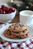 Fresh baked chocolate chip cookies stacked on white plate with glass of milk and bowl of cherries, cozy holiday setting with bokeh lights and checkered cloth.
