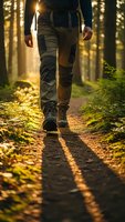 Hiker walking on forest trail during golden hour sunrise with warm sunlight filtering through trees creating atmospheric outdoor adventure scene.