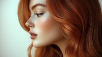 Side profile portrait of young woman with wavy red hair, flawless glowing skin, and burgundy lips against light background, fashion beauty makeup concept.
