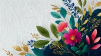 Watercolor floral arrangement with pink flowers, green leaves and decorative elements on textured white paper background for botanical design projects.