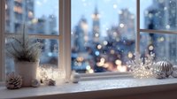 Cozy winter windowsill with decorative plant, pine cone, candle, and fairy lights overlooking blurred city skyline with bokeh lights during snowfall.