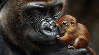 Tender moment between gorilla and baby monkey showing interspecies friendship and gentle wildlife interaction in natural habitat setting.