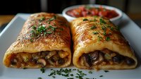 Savory mushroom crepes filled with sauteed fungi and herbs, garnished with fresh parsley, served on white plate with tomato sauce side dish.