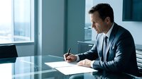 Professional businessman in dark suit signing contract documents at modern office desk near window with city view for corporate business concepts.