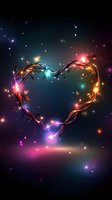 Glowing heart shape formed by luminous branches with magical sparkles and colorful light effects on dark cosmic background, romantic fantasy atmosphere.