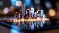 Modern city skyline reflected on digital tablet screen with glowing lights and bokeh effect creating futuristic urban technology concept.