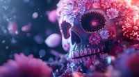 Mystical skull adorned with pink and purple flowers against dark background with bokeh effect, creating ethereal mood for gothic and fantasy designs.