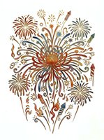 Ornate fireworks and chrysanthemum flower bursting with decorative swirls, stars, and flourishes in warm earth tones on isolated white background for design projects.