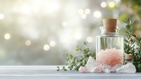 Pink Himalayan salt crystals in glass bottle with eucalyptus leaves on white surface against soft bokeh background, spa and wellness concept.