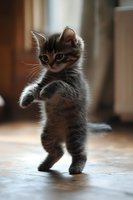 Adorable tabby kitten standing on hind legs with front paws raised in playful pose on wooden floor in warm sunlit home interior for pet and animal content.