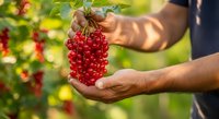 Farmer harvesting fresh red currants in summer garden, holding ripe berries in hands with blurred orchard background for agricultural and food production concepts.
