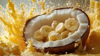 Fresh coconut half filled with sliced bananas floating in dynamic yellow juice splash, dramatic food photography with freeze motion effect and droplets.