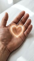 Open palm holding glowing heart symbol representing love, care, compassion and kindness in warm light for wellness and spiritual concepts.