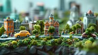 Miniature town model with vintage buildings, yellow taxi, and tiny trees creating charming tilt-shift effect. Detailed architectural diorama with selective focus.