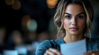 Young Caucasian woman in blue sweater reading document with focused expression against dark blurred background with bokeh lights, close up portrait.