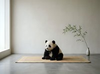 Cute giant panda cub sitting on a woven rug in a minimalist room with a bamboo branch in a white vase.