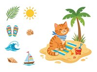 Orange cat relaxing on sandy beach with surfboard, tropical palm tree, sun, wave, flip flops, seashell, sailboat, and croissant. Isolated clipart elements for summer designs, children's illustrations, and vacation themes.