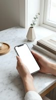 Female hands holding smartphone with blank white screen mockup on marble desk with books, eucalyptus vase and wooden bowl in bright modern workspace.