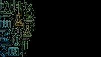 Science laboratory equipment icons in neon outline style on black background with copy space for text and design projects.