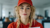 Young blonde woman wearing red baseball cap and hoodie in modern office workspace for casual business and lifestyle branding.