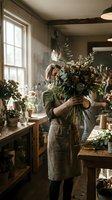 Adult female florist with blonde hair arranging fresh flowers in rustic workshop studio. Woman wearing linen apron holding large bouquet with roses, greenery and foliage near window with natural light.