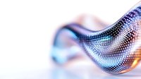Futuristic metallic mesh surface with blue and orange gradient colors creating dynamic wave pattern on blurred background, suitable for technology concepts.