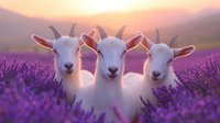 Three white goats smiling at camera in blooming purple lavender field during sunset, soft pink sky and mountains in background create dreamy pastoral scene.