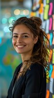 Young Mediterranean woman with radiant smile against colorful blurred background, perfect for business, education, or lifestyle advertising. Natural beauty portrait showcasing confidence and joy.