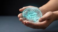 Hands holding glowing holographic brain with neural networks, representing artificial intelligence, mental health, neuroscience and cognitive technology concepts.