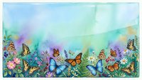 Watercolor garden border with colorful butterflies and wildflowers on pastel background for spring designs and nature projects.