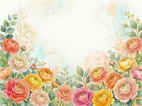 Watercolor floral border with pink, orange and yellow ranunculus blooms and green leaves on soft pastel background with copy space.