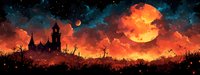Spooky castle silhouette against dramatic orange sunset sky with full moon, flying bats and dark trees creating mysterious Halloween atmosphere in panoramic view.