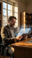 Middle-aged Caucasian businessman with beard and glasses using tablet with digital network interface in warm sunlit office for technology and business concepts.