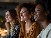 Three diverse women laughing together in casual setting, showing genuine happiness and friendship during social gathering or meeting.