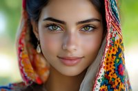 Young woman with bright colorful headscarf smiling at camera, natural makeup and glowing skin against blurred green background, close up portrait.
