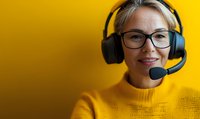 Cheerful middle-aged woman wearing glasses and headset smiling against yellow background. Professional customer service representative in bright yellow sweater.